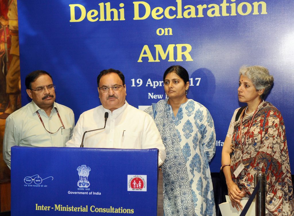 The Union Minister for Health & Family Welfare, Mr Nadda addressing at the Inter-Ministerial Consultation on Anti-Microbial Resistance Containment, in New Delhi on April 19, 2017. The Minister of State for Health, Mrs Anupriya Patel, the Secretary (Health and Family Welfare), Mr C K Mishra and the Secretary, Directorate of Health Research & Director General, Indian Council of Medical Research, Dr Soumya Swaminathan are also seen.